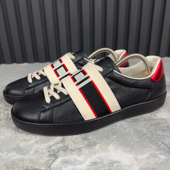Gucci Ace Stripe Sneakers Black Leather 7.5 G or 8 US or 41.5 EUR - Picture 9 of 16